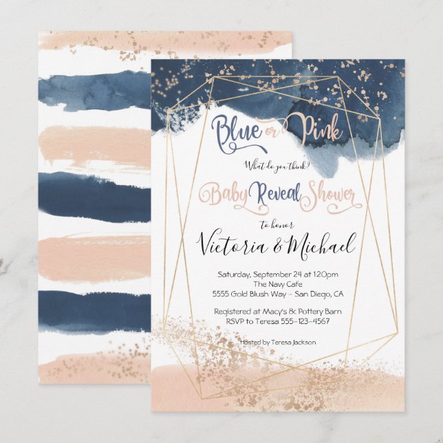Navy Blush Gold Baby Reveal Shower invitation (Front/Back)