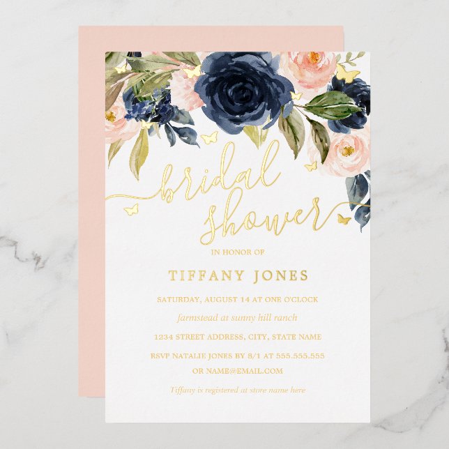 Navy Blush Gold Butterfly Floral Bridal Shower  (Front/Back)