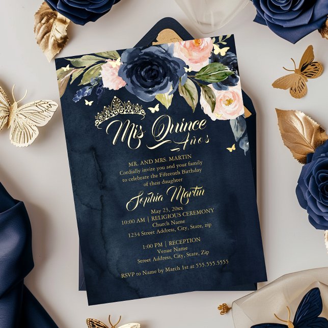 Navy Blush Gold Butterfly Mis Quince Quinceanera (Creator Uploaded)