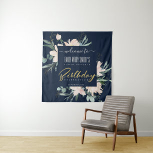 NAVY BLUSH GOLD FLORAL ANY YEAR BIRTHDAY WELCOME TAPESTRY