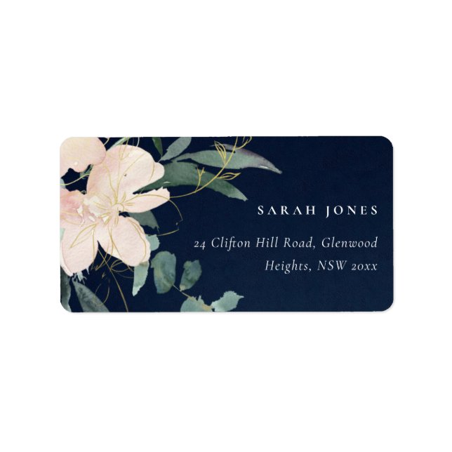 NAVY BLUSH GOLD FLORAL BUNCH WATERCOLOR  ADDRESS LABEL (Front)