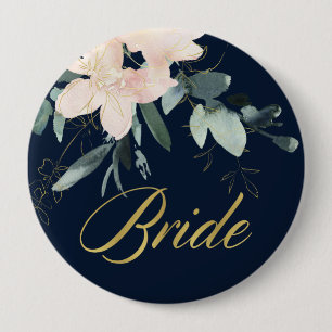NAVY BLUSH GOLD FLORAL BUNCH WATERCOLOR BRIDE 10 CM ROUND BADGE