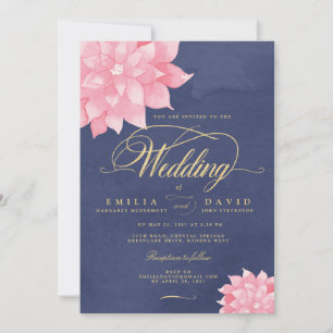 Navy Blush Gold Floral Dahlia Wedding Invitation