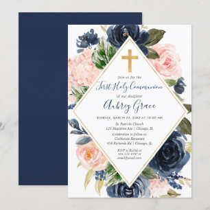 Navy blush gold floral First Holy Communion Invitation