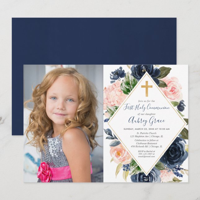 Navy blush gold floral First Holy Communion photo Invitation (Front/Back)