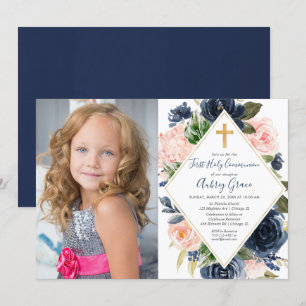Navy blush gold floral First Holy Communion photo Invitation