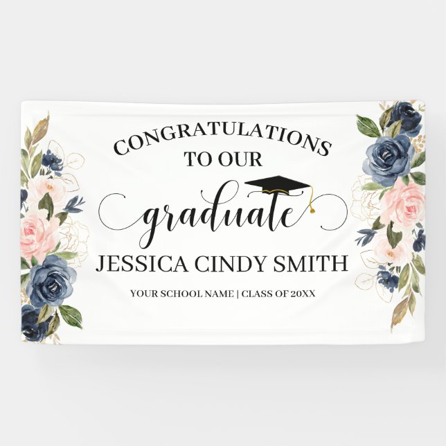 Navy Blush Gold Floral Graduate Graduation Party Banner (Horizontal)
