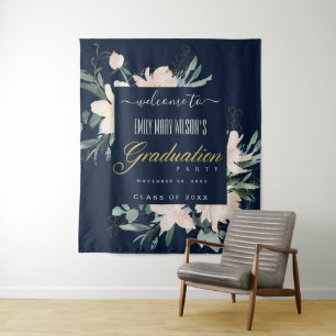 NAVY BLUSH GOLD FLORAL GRADUATION PARTY WELCOME TAPESTRY