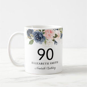 Navy Blush Gold Floral Personalised 90th Birthday Coffee Mug