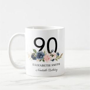 Navy Blush Gold Floral Personalised 90th Birthday Coffee Mug
