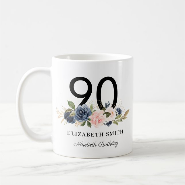 Navy Blush Gold Floral Personalised 90th Birthday Coffee Mug (Left)
