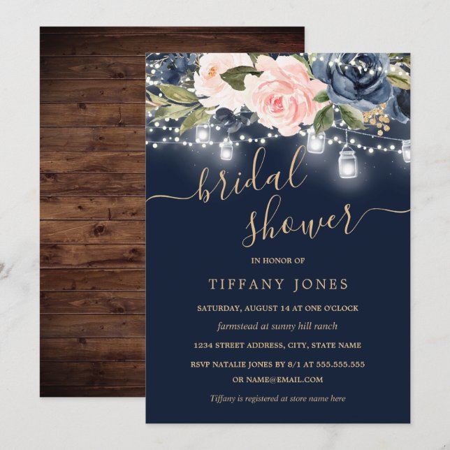 Navy Blush Gold Floral Rustic Wood Bridal Shower Invitation (Front/Back)
