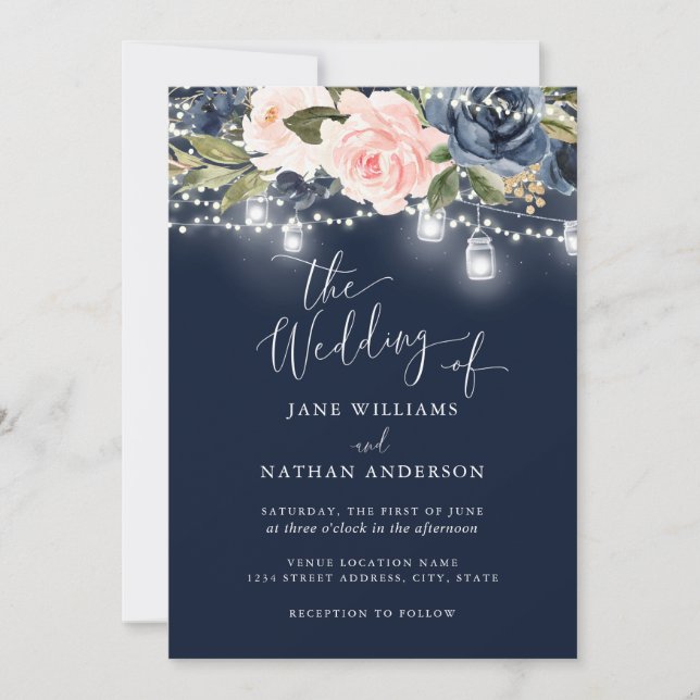 Navy Blush Gold Floral Rustic Wood Wedding Invite (Front)