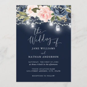 Navy Blush Gold Floral Rustic Wood Wedding Invite