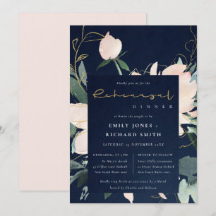 NAVY BLUSH GOLD FLORAL WATERCOLOR REHEARSAL DINNER INVITATION