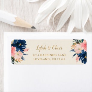 Navy Blush & Gold Floral Wedding Return Address