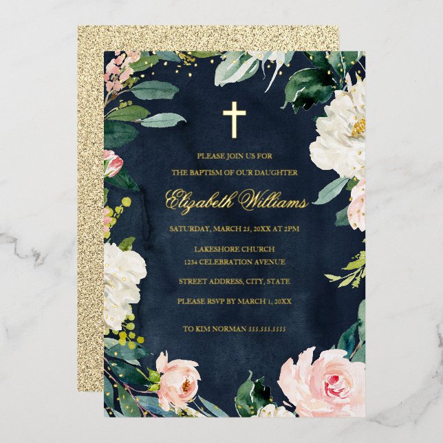 Navy Blush Gold Floral Wreath Cross Girl Baptism  (Front/Back)