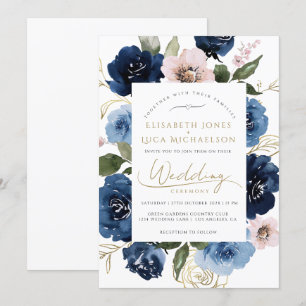 Navy Blush Gold Florals Botanical Blue Wedding  Invitation