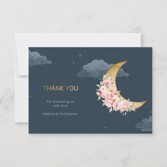 Navy blush gold foil over the moon baby shower thank you card (Front)