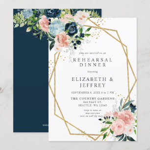 Navy Blush Gold Geometric Floral Rehearsal Dinner Invitation