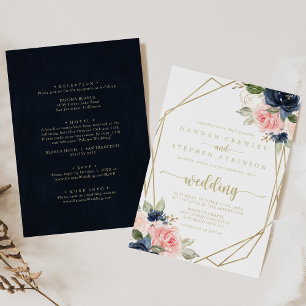 Navy Blush Gold Geometric Front & Back Wedding  Invitation