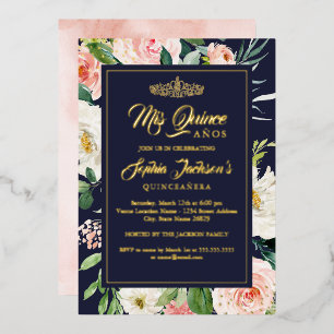 Navy Blush Gold Watercolor Floral Quinceanera 