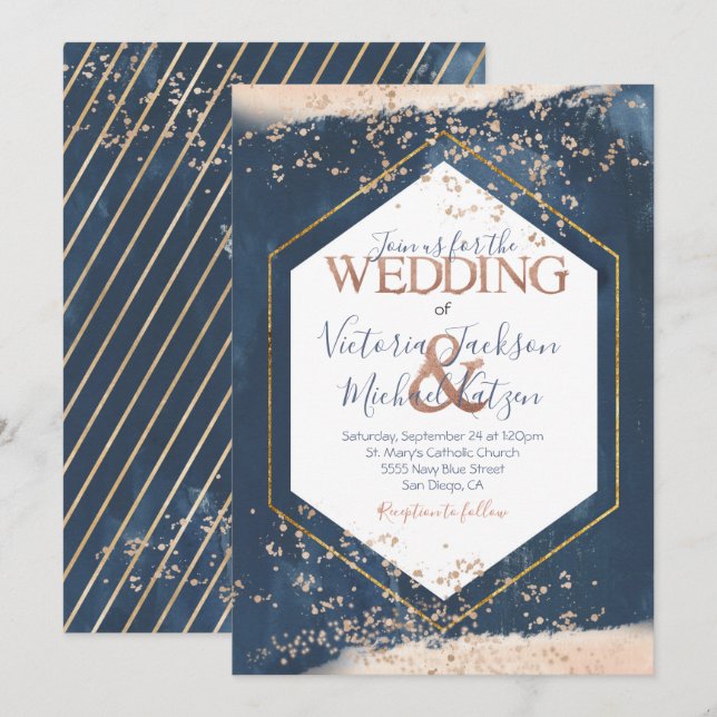 Navy Blush Gold Wedding invitation (Front/Back)