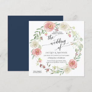 Navy Blush Ivory Rose Foliage Wedding Watercolor Invitation