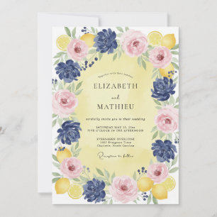 Navy Blush Lemon Wreath Wedding Invitation