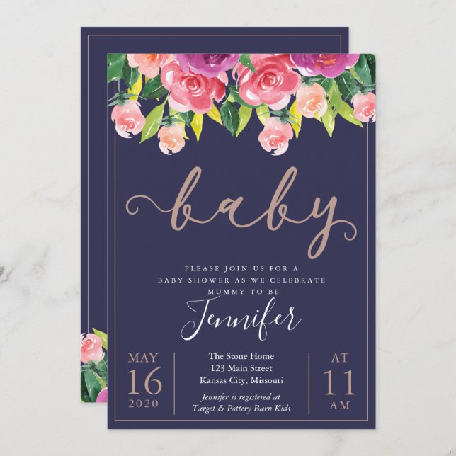 Navy Blush Magenta Floral Baby Shower Invitation (Front/Back)