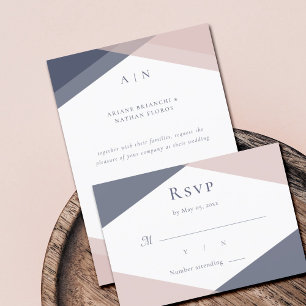 Navy Blush Modern Monogram Geometric Wedding RSVP Invitation