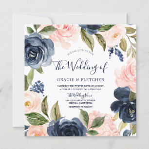 Navy & Blush Modern Watercolor Flowers Wedding Invitation