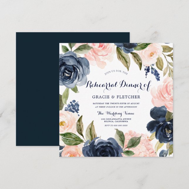 Navy & Blush Modern Wedding Rehearsal Dinner Invitation (Front/Back)