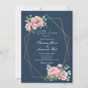 Navy Blush Peony Eucalyptus Wedding Invitation