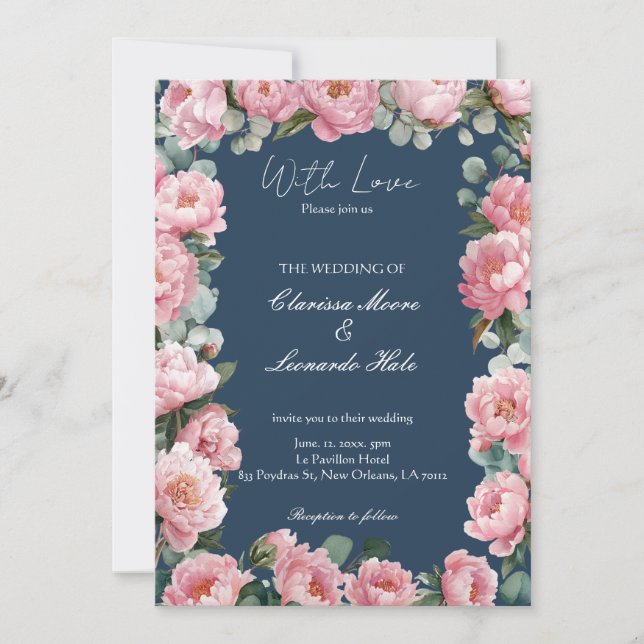Navy Blush Peony Eucalyptus Wedding Invitation (Front)