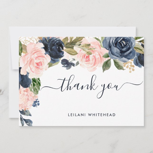 Navy Blush Pink Baby Shower Floral Thank You Card (Front)