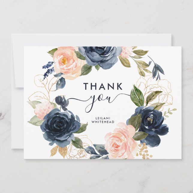 Navy Blush Pink Baby Shower Floral Wreath Thank You Card (Front)
