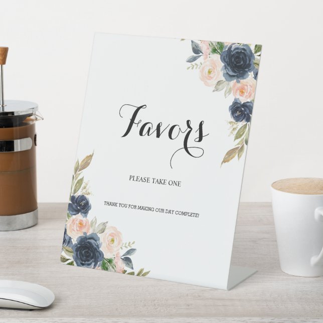 Navy Blush Pink Blossom Floral Favour Pedestal Sign (In SItu)