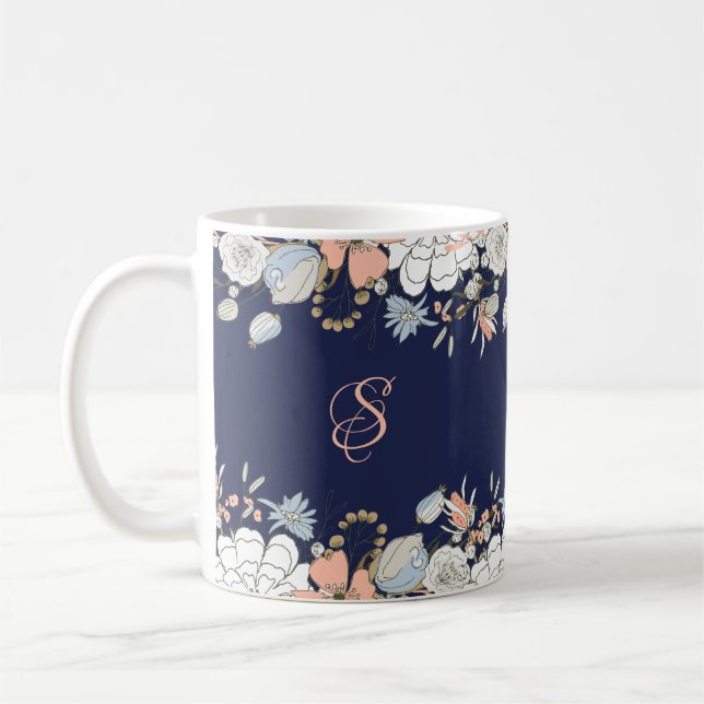 Navy Blush Pink Blue Floral Monogram Personalised Coffee Mug (Left)