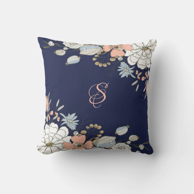 Navy Blush Pink Blue Floral Monogram Personalised Cushion (Front)