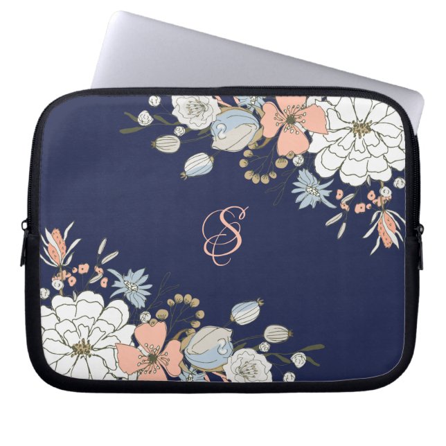 Navy Blush Pink Blue Floral Monogram Personalised Laptop Sleeve (Front)