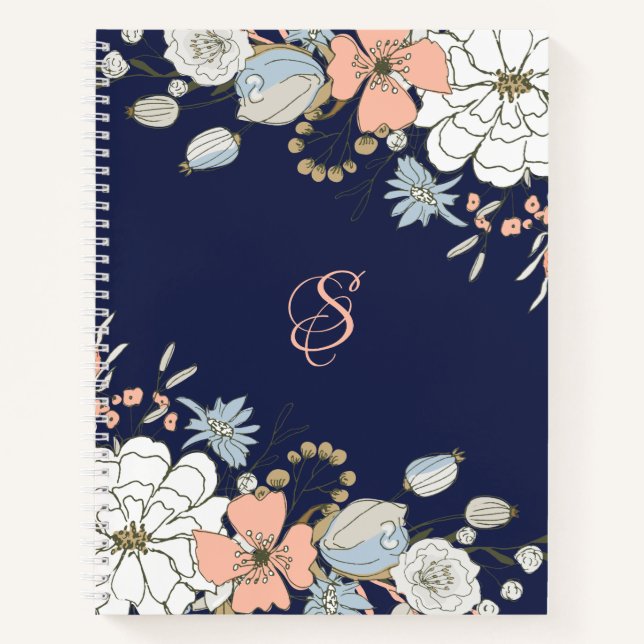 Navy Blush Pink Blue Floral Monogram Personalised Notebook (Front)
