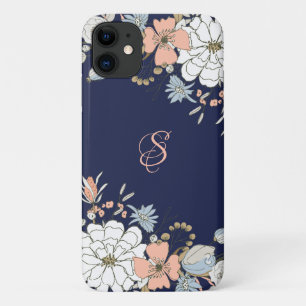 Navy Blush Pink Blue Floral Personalised iPhone 11 Case