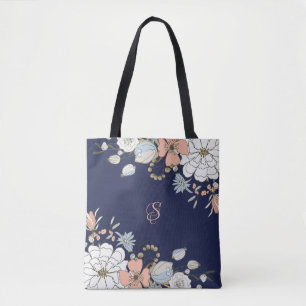 Navy Blush Pink Blue Floral Personalised Tote Bag