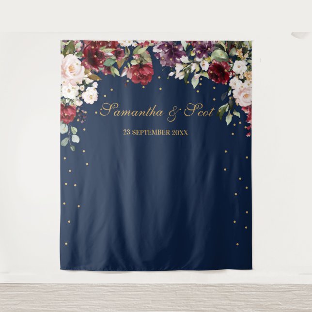 Navy blush pink burgundy boho floral wedding tapestry (Front)