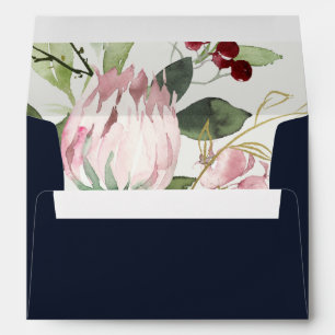 NAVY BLUSH PINK BURGUNDY PROTEA FLORAL ADDRESS ENVELOPE