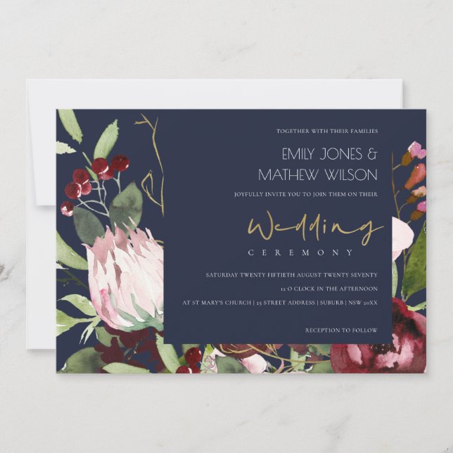 NAVY BLUSH PINK BURGUNDY PROTEA FLORAL WEDDING INVITATION (Front)