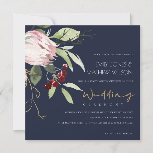 NAVY BLUSH PINK BURGUNDY PROTEA FLORAL WEDDING INVITATION (Front)