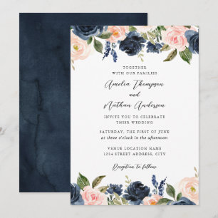 Navy Blush Pink Elegant Botanical Floral Wedding Invitation
