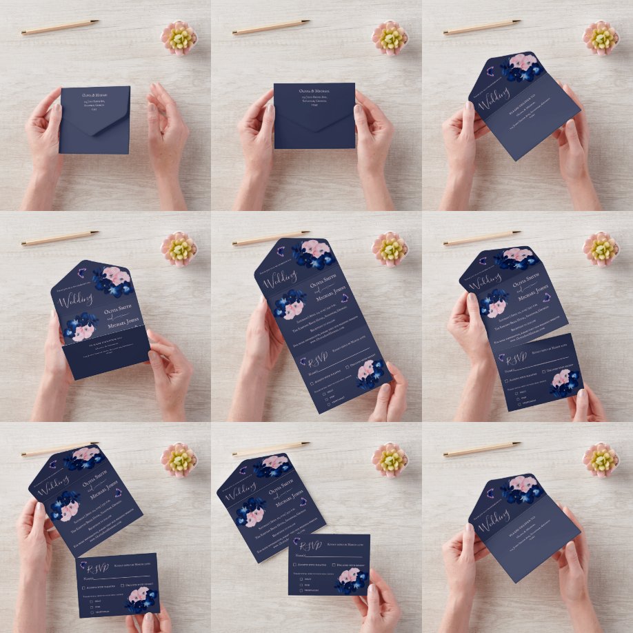 Navy blush pink Floral All in One Wedding Invite